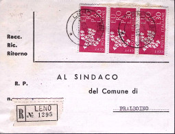 1961-EUROPA1961 Tre Lire 25 Su Biglietto Raccomandato Leno (14.10) - 1961-70: Marcofilie