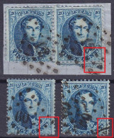 Belgique - 4x N°15 20c Bleu Médaillon Dent. Avec Griffe Oblique Dans Coin Inférieur Droit (pos.44) - 1863-1864 Medallions (13/16)
