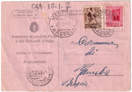 1944-R.S.I. AVVISO RICEVIMENTO Affrancata Monumenti C.20 E 30 Manerba (28.9) - Storia Postale