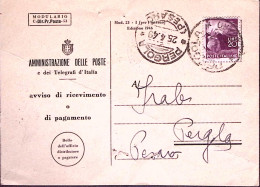 1949-AVVISO RICEVIMENTO (mod 53-I1946 Cartoncino Avorio) Con Stemma Luogotenenzi - 1946-60: Marcofilie