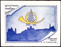 1951-MONTICHIARI VI SETTIMANA FILATELICA Annullo Speciale Verde (13 5) Su Cartol - Demonstrations
