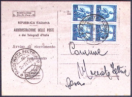 1949-Avviso Di Ricevimento Affrancato Con Quartina Del L.5 Democratica - 1946-60: Marcophilia