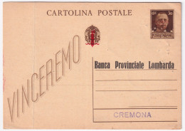 1945-RSI Cartolina Postale Vinceremo  C.30 Con Stampa Privata Banca Provinciale  - Poststempel