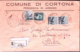 1947-Democratica C.40 E 60 + Coppia Lire 10, Su Raccomandata C0rtona (10.7) - 1946-60: Marcophilie