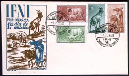 1959-Ifni 4 Valori Pro Infanzia, Animali Domestici Su Busta Illustrata Con Annul - Ifni
