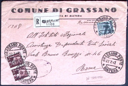 1947-raccomandata Comune Di Grassano Matera Affrancata Coppia L.2 + L.10 Democra - 1946-60: Marcofilie
