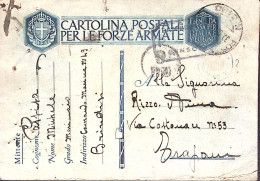 1943-COMANDO MARINA 49 Brindisi Manoscritto Su Cartolina Franchigia Posta Milita - Weltkrieg 1939-45