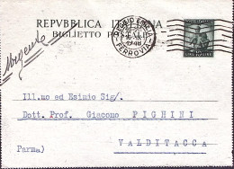 1948-BIGLIETTO POSTALE Democratica Lire 5 Viaggiata Reggio Emilia (16.9) - 1946-60: Marcophilie