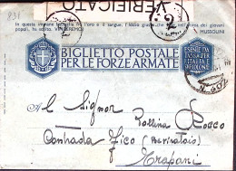 1943-COMANDO MARINA 831 (Durazzo) Lineare Al Verso Di Biglietto Franchigia Con A - Weltkrieg 1939-45