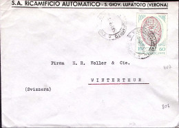 1957-O.N.U. Lire 60 Isolato Su Busta San Giovanni Lupatoto (14.2) Per La Svizzer - 1946-60: Marcophilie