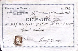 1928-Imperiale C.10 Come Marca Da Bollo Su Ricevuta Cortina D'Ampezzo (25.1) - Poststempel