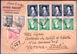 1932-Spagna Raccomandata Diretta In Italia Con Affrancatura Multipla 11 Valori - Cartas & Documentos
