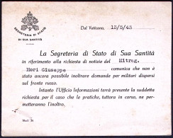 1943-Vaticano Comunicazione Della Segreteria Di Stato Di Sua Santità Su Richiest - Weltkrieg 1939-45