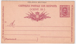 1892-ERITREA Cartolina Postale RP 7,1/2 + 7,1/2 Mill. 92 (C4) Nuova - Eritrea