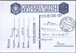1940-Posta Militare/n.200 C.2 (20.11) E Lineare, Su Cartolina Franchigia - Weltkrieg 1939-45