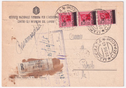 1945-Monumenti Sopr. Striscia Tre Lire 1,20/20 (524) Su Cartolina Raccomandata M - Storia Postale