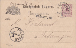 Bayern: 1887, Ganzsache Nach Erlangen - Enteros Postales