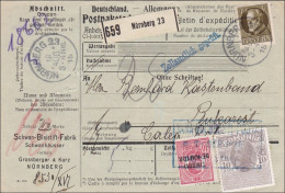 Bayern: 1915, Postpaketkarte Nürnberg Nach Bukarest -rumänische Zusatzfrankatur - Storia Postale