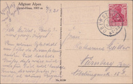 Bayern: 1921, Postkarte Allgäuer Alpen, Oytal-Haus Nach Nürnberg - Cartas & Documentos