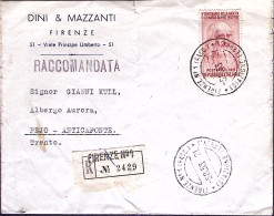 1953-LEONARDO Lire 80 Isolato Su Raccomandata Firenze (5.8) - 1946-60: Marcofilia