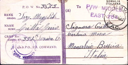 1943-P.O.W. CAMP.352 Manoscritto Su Cartolina Postale C.30 Somalia Italiana Deca - Guerra 1939-45