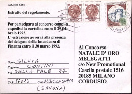 1992-Siracusana Coppia Lire 100,( Fuori Corso) + Castelli Lire 500, Su Cartolina - 1991-00: Storia Postale
