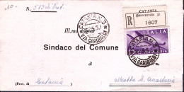 1950-Posta Aerea Lire 50, Isolato Su Piego Comunale Raccomandato Catania (22.5) - 1946-60: Marcofilia