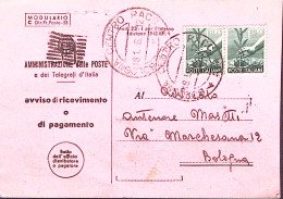 1946-AVVISO RICEVIMENTO Con Stemma Ricoperto, Viaggiato Da Bologna (18.1) Affran - 1946-60: Marcophilia