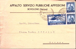1948-Posta Aerea Lire 2 + Democratica Coppia Lire 5 Su Cartolina Bovolone (27.9) - 1946-60: Marcophilie