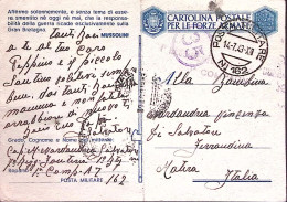 1943-Posta Militare/n.162 C.2 (14.7) Su Cartolina Franchigia, Fori Spillo E Pieg - War 1939-45