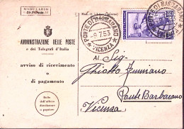 1953-ITALIA LAVORO Lire 20, Isolato Su Avviso Ricevimento Ponte Di Barbarano (9. - 1946-60: Marcophilia