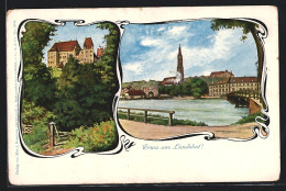 Passepartout-AK Landshut, Schloss, Ortspanorama Mit Brücke Und Kirche  - Landshut