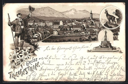 Lithographie Traunstein, Luitpold-Brunnen, Grüssender Wanderer, Ortsansicht  - Traunstein