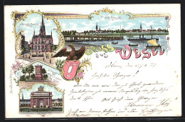 Lithographie Wesel, Grosser Markt, Berliner Thor, Totalansicht, Wappen  - Wesel