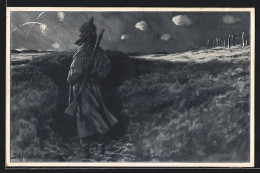 Künstler-AK Soldat Bei Feuerwerk Im Schützengraben Blickt In Den Himmel  - Guerre 1914-18