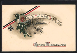 AK Eisernes Kreuz Mit Fahnenband & Tannenzweig, Ehre Sei Gott In Der Höhe, Zerschossenes Geschütz  - Guerre 1914-18