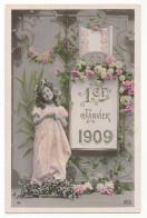 CPA 9 X 14 Année 1909 (6) 1er Janvier Fillette Guirlandes De Fleurs Roses Gui Lettres Et Chiffres Gaufrés Dorés * - Nouvel An