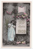 CPA 9 X 14 Année 1909 (7) 1er Janvier Fillette Guirlandes De Fleurs Roses Gui Lettres Et Chiffres Gaufrés Dorés* - Nouvel An
