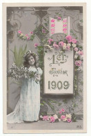 CPA 9 X 14 Année 1909 (8) 1er Janvier Fillette Guirlandes De Fleurs Roses Gui  Lettres Et Chiffres Gaufrés Dorés* - Nouvel An