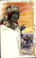 Glitzer Lithographie Arabien, Maghreb, Araberin In Tracht, Kamel - Costumes
