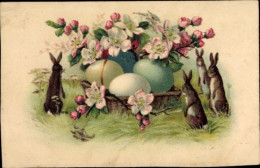 Lithographie Ostern, Osterhasen Am Korb Mit Ostereiern Und Blüten - Pâques