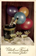 CPA Glückwunsch Neujahr, Sektflaschen, Sektgläser, Ballons - Nouvel An