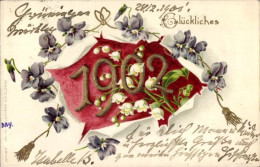 Gaufré Lithographie Glückwunsch Neujahr, Jahreszahl 1902, Veilchen - Nouvel An