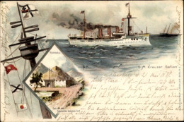 Artiste Lithographie Deutsches Kriegsschiff, SMS Gefion, Kreuzer, Kaiserliche Marine, Kiautschau - Autres & Non Classés