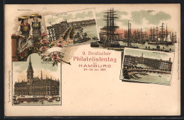 Lithographie Hamburg, 9. Deutscher Philatelistentag 1897, Hafen, Jungfernstieg, Alster Arkaden, Ganzsache  - Timbres (représentations)