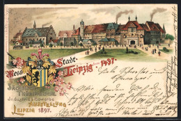 Lithographie Leipzig, Sächsisch-Thüringische Industrie- U. Gewerbe-Ausstellung 1897, Ortsansicht Anno 1497, Ganzsache  - Exhibitions