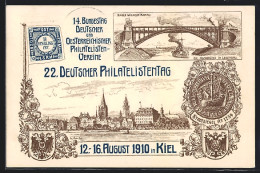 Künstler-AK Kiel, 22. Deutscher Philatelistentag 1910, Stadtsiegel, Levensauer Hochbrücke, Ganzsache  - Sellos (representaciones)