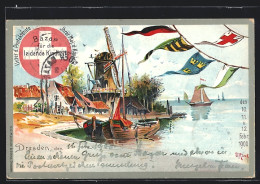Lithographie Dresden, Bazar Für Die Leidende Kindheit 1900, Windmühle Am Ufer, Ganzsache  - Briefkaarten