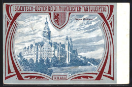 AK Leipzig, 16. Deutsch-Oesterreich. Philatelisten-Tag 1904, Neues Rathaus, Ganzsache  - Timbres (représentations)