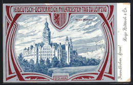 AK Leipzig, 16. Deutsch-Österreichischer Philatelistentag 1904, Neues Rathaus, Ganzsache  - Timbres (représentations)